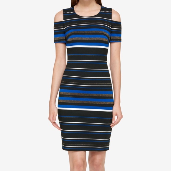 Tommy Hilfiger Cold Shoulder Sheath Dress - Black/Blue/White Size 12 - Picture 1 of 10